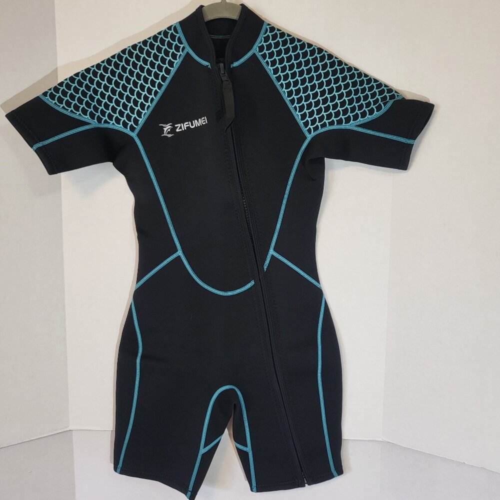 Zifumei Men's 3mm Shorty Front Zipper Wet Suit Size Small Black/Teal